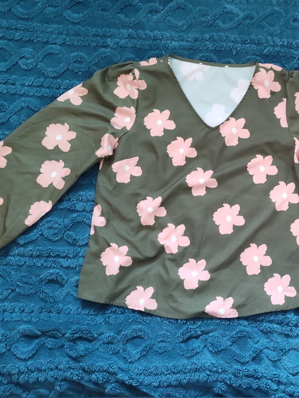 Olive Green Floral Long Sleeve Top with Pink Blossoms